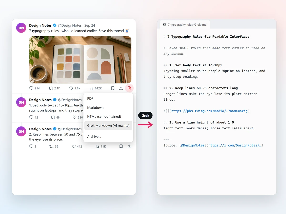 A Twitter thread next to the clean Markdown article Grok Markdown produced from it