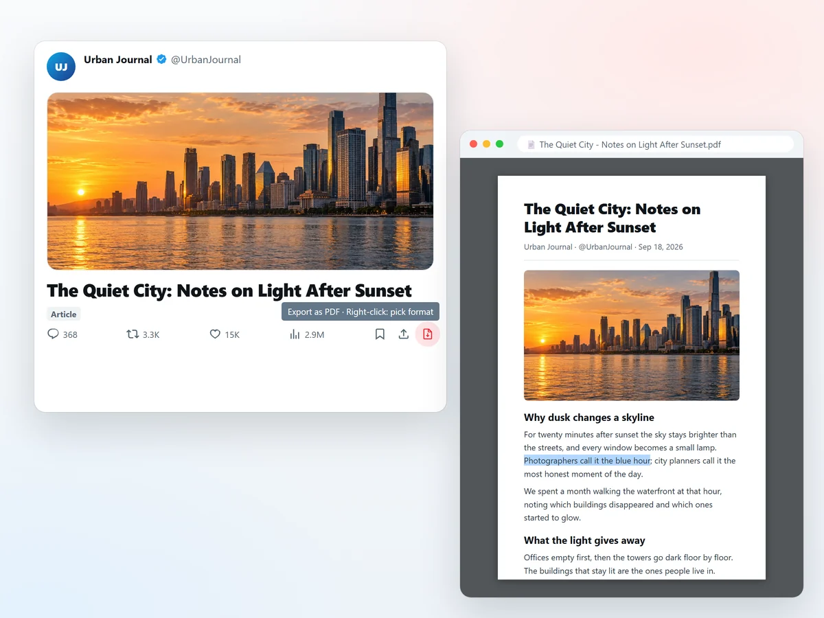The X Article to PDF export menu on an X post: PDF, Markdown, HTML, Grok Markdown and Archive
