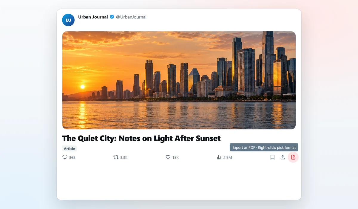 The red PDF export icon in the action bar of an X Article, next to Bookmark and Share