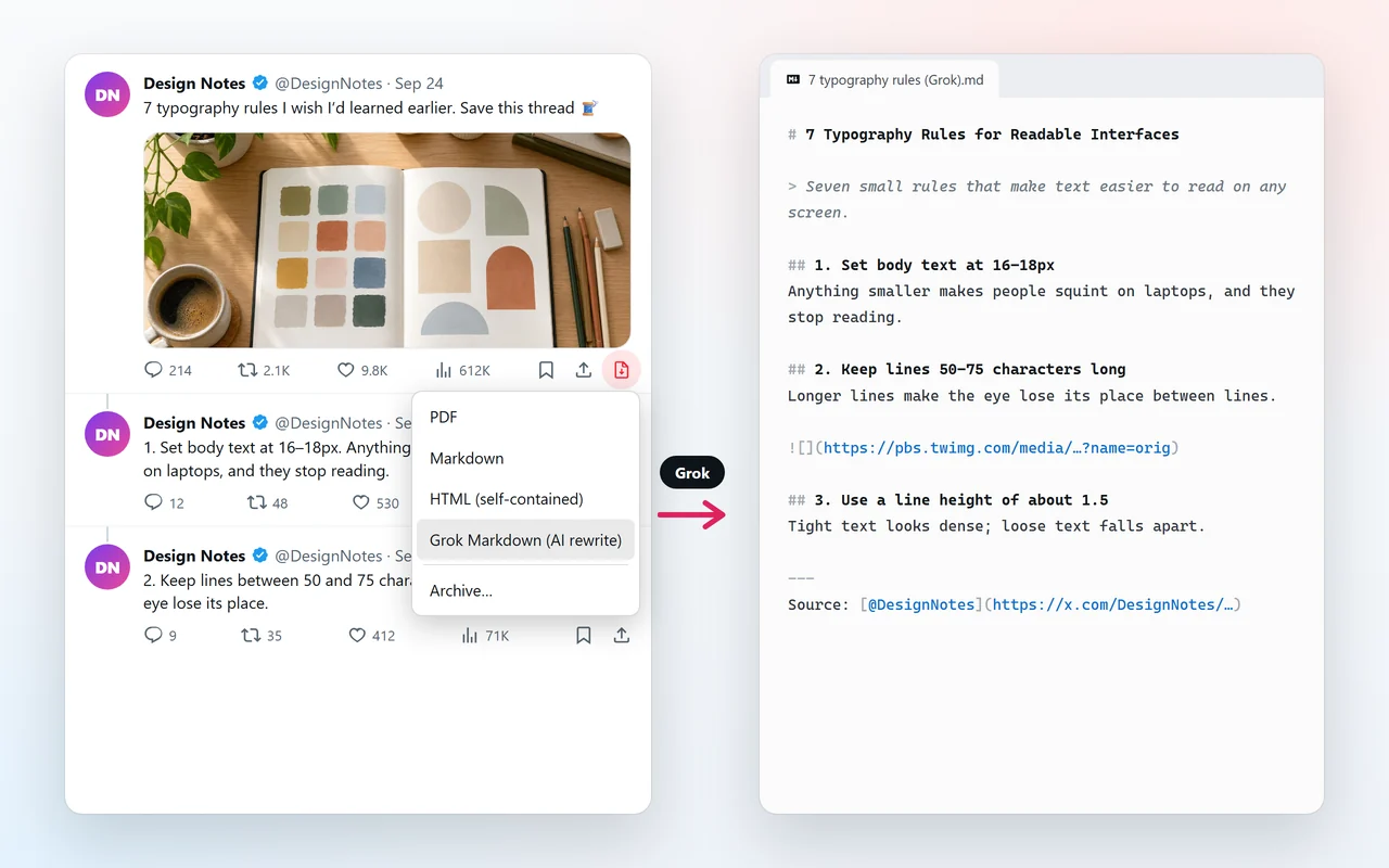 A Twitter thread on the left and the Markdown article Grok Markdown wrote from it on the right
